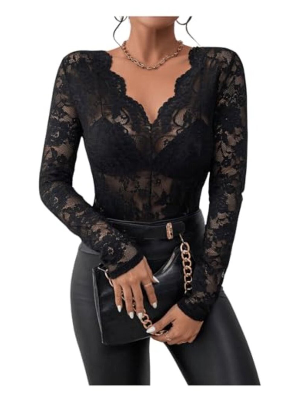 Sexy Sheer Lace Embroidered Floral Long Sleeve Blouse V-Neck